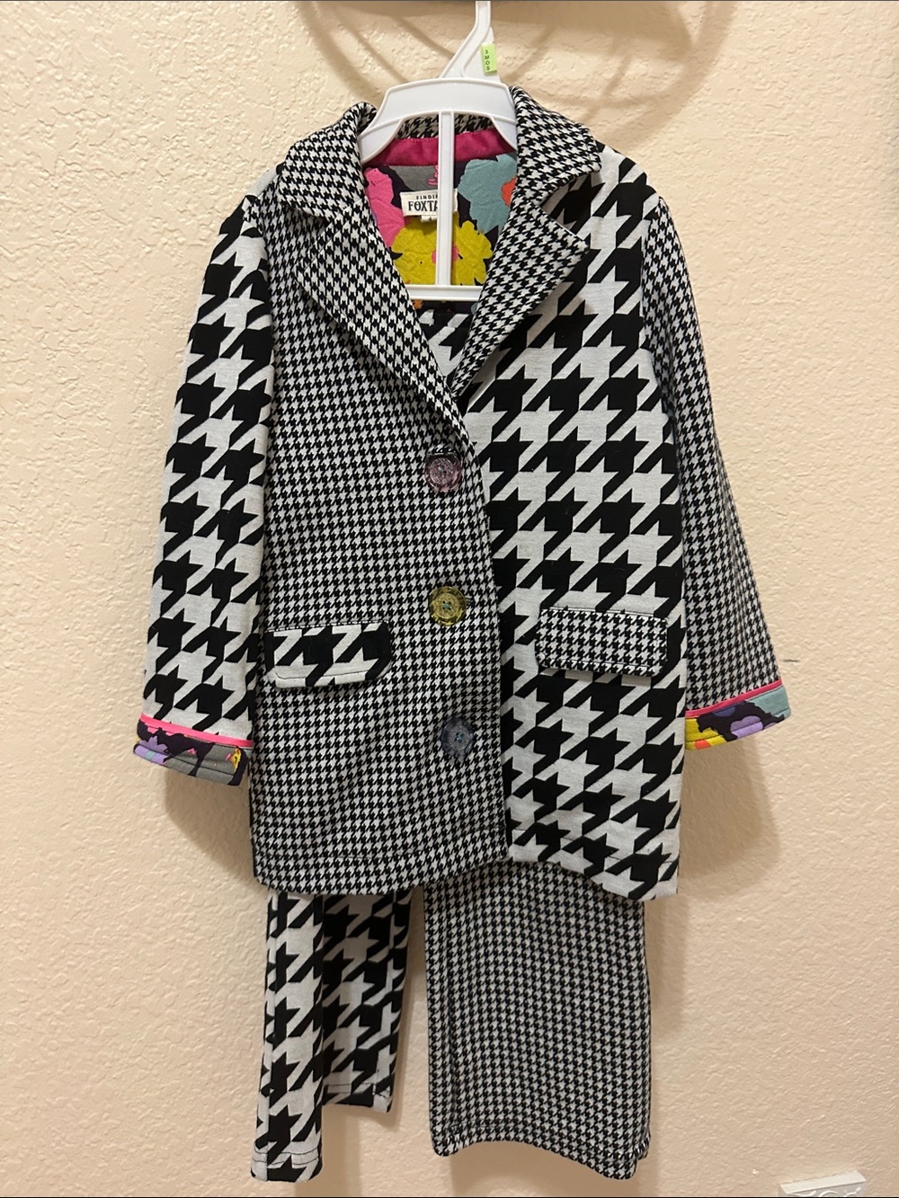 Kids Black & White Houndstooth Blazer with Colorful Trim and matching pants